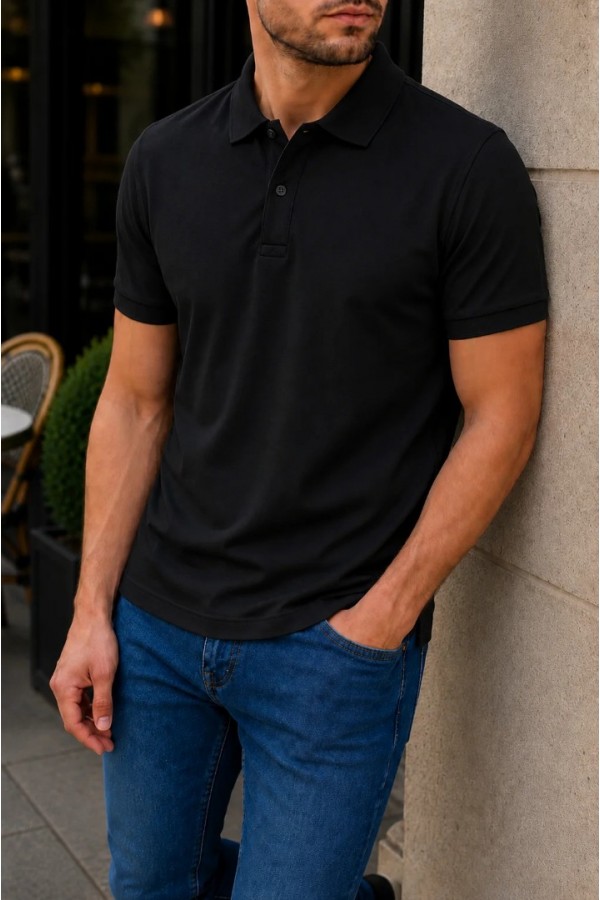 Erkek Siyah Basic Polo Yaka Pike Tişört