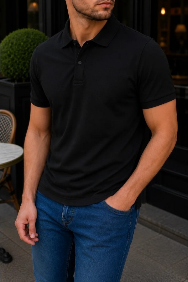 Erkek Siyah Basic Polo Yaka Pike Tişört