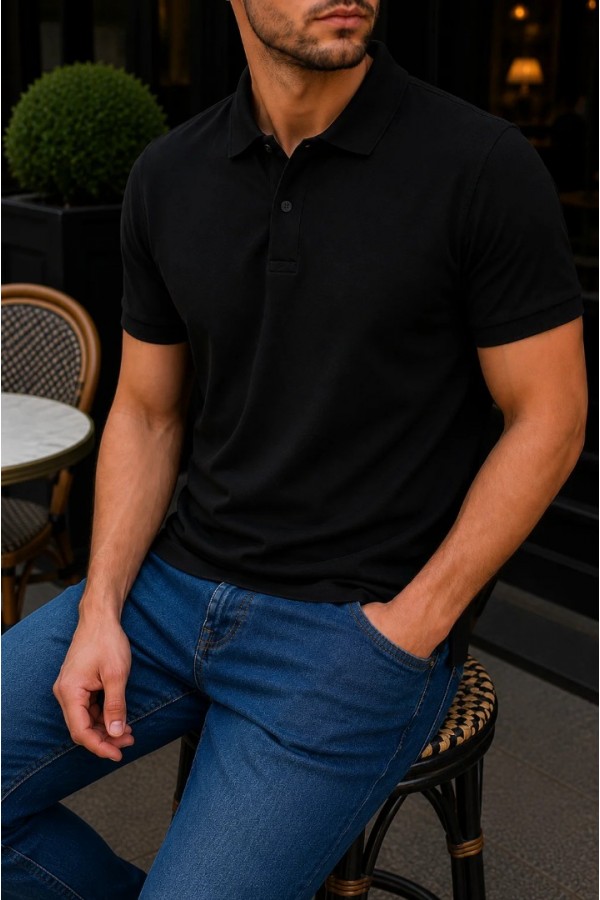 Erkek Siyah Basic Polo Yaka Pike Tişört
