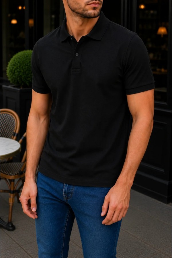 Erkek Siyah Basic Polo Yaka Pike Tişört