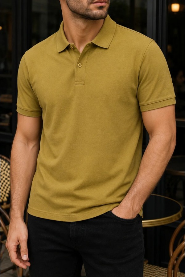 Erkek Yağ Yeşili Basic Polo Yaka Pike Tişört