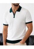 Erkek Beyaz Fermuar Yaka Desenli Triko Polo Tişört