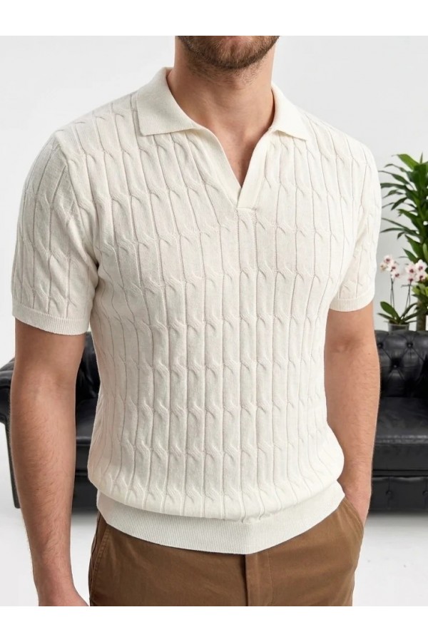 Erkek Ekru Dokulu Polo Yaka Triko T-shirt