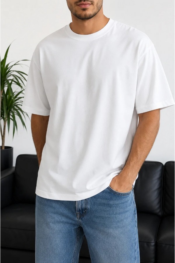 Erkek Beyaz Oversize Basic Bisiklet Yaka Tişört