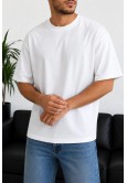 Erkek Beyaz Oversize Basic Bisiklet Yaka Tişört
