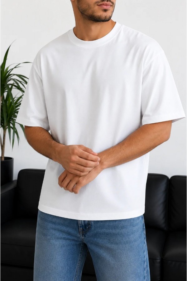 Erkek Beyaz Oversize Basic Bisiklet Yaka Tişört