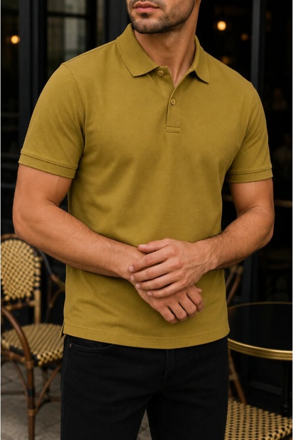 Erkek Yağ Yeşili Basic Polo Yaka Pike Tişört