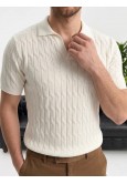 Erkek Ekru Dokulu Polo Yaka Triko T-shirt