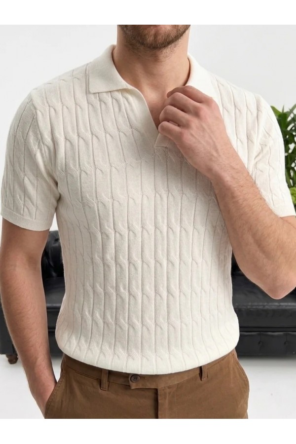 Erkek Ekru Dokulu Polo Yaka Triko T-shirt