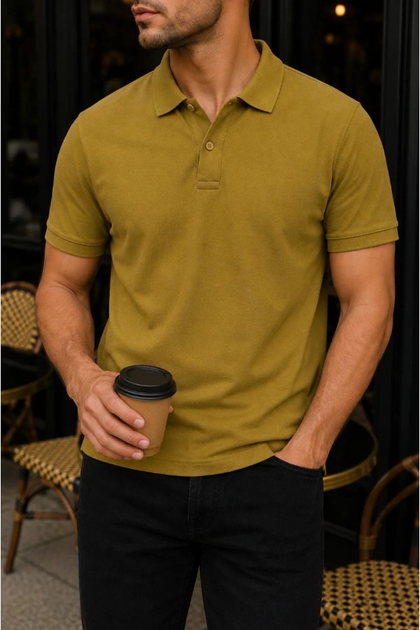 Erkek Yağ Yeşili Basic Polo Yaka Pike Tişört