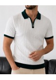 Erkek Beyaz Fermuar Yaka Desenli Triko Polo Tişört