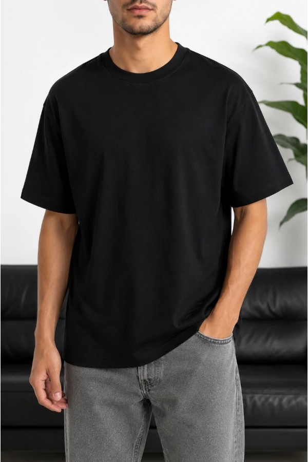 Erkek Siyah Oversize Basic Bisiklet Yaka Tişört