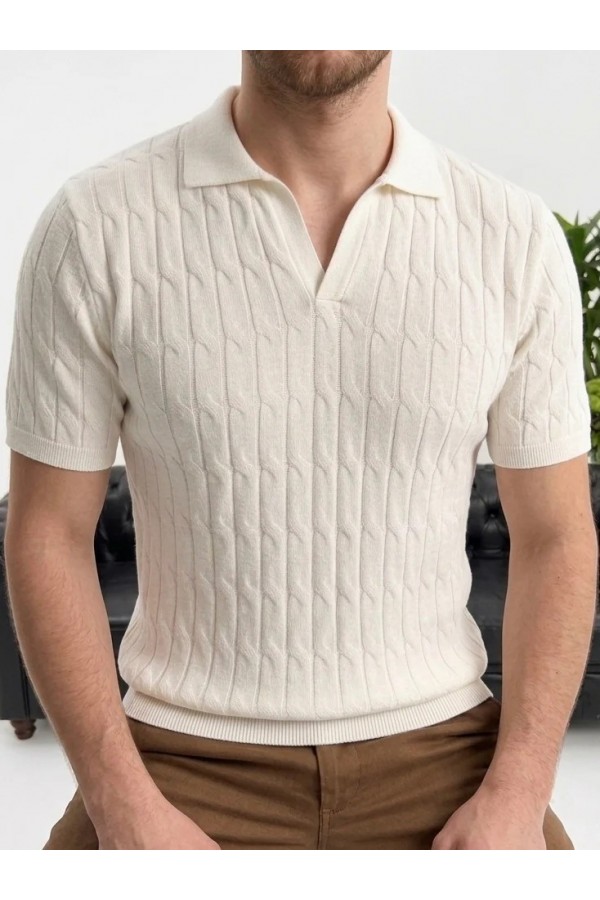Erkek Ekru Dokulu Polo Yaka Triko T-shirt