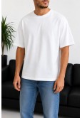 Erkek Beyaz Oversize Basic Bisiklet Yaka Tişört