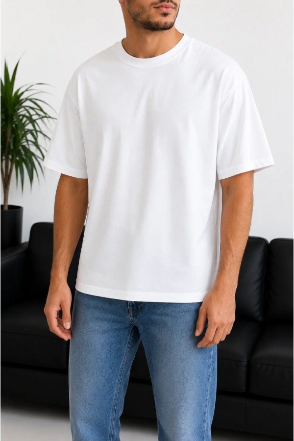 Erkek Beyaz Oversize Basic Bisiklet Yaka Tişört