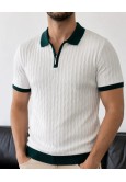 Erkek Beyaz Fermuar Yaka Desenli Triko Polo Tişört