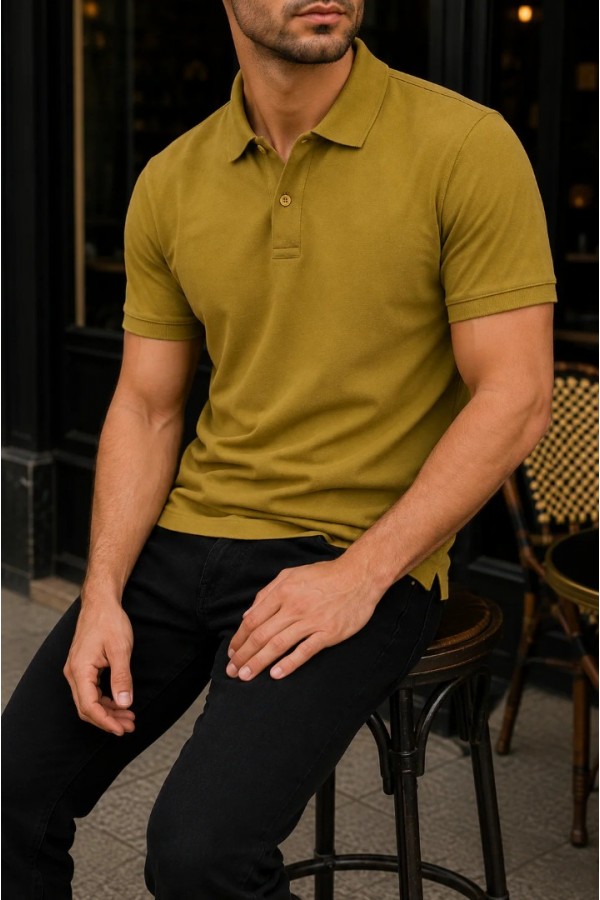 Erkek Yağ Yeşili Basic Polo Yaka Pike Tişört