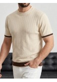 Erkek Bej Bisiklet Yaka Kontrast Detaylı Triko Tişört
