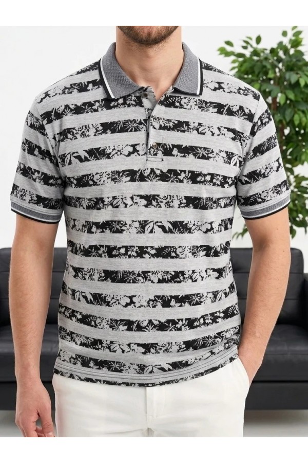 Erkek Gri Çizgili Desenli Polo Yaka Triko Tişört