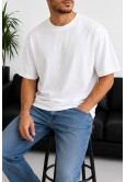 Erkek Beyaz Oversize Basic Bisiklet Yaka Tişört