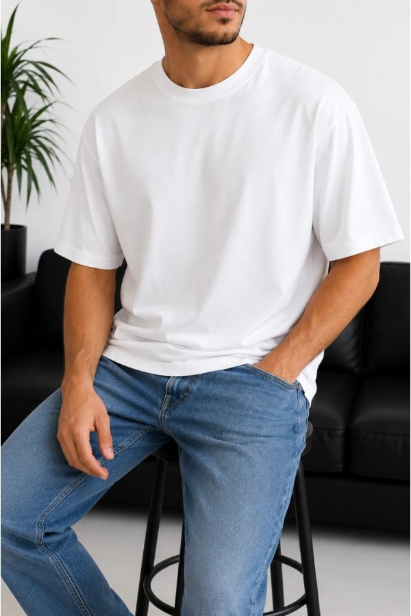 Erkek Beyaz Oversize Basic Bisiklet Yaka Tişört