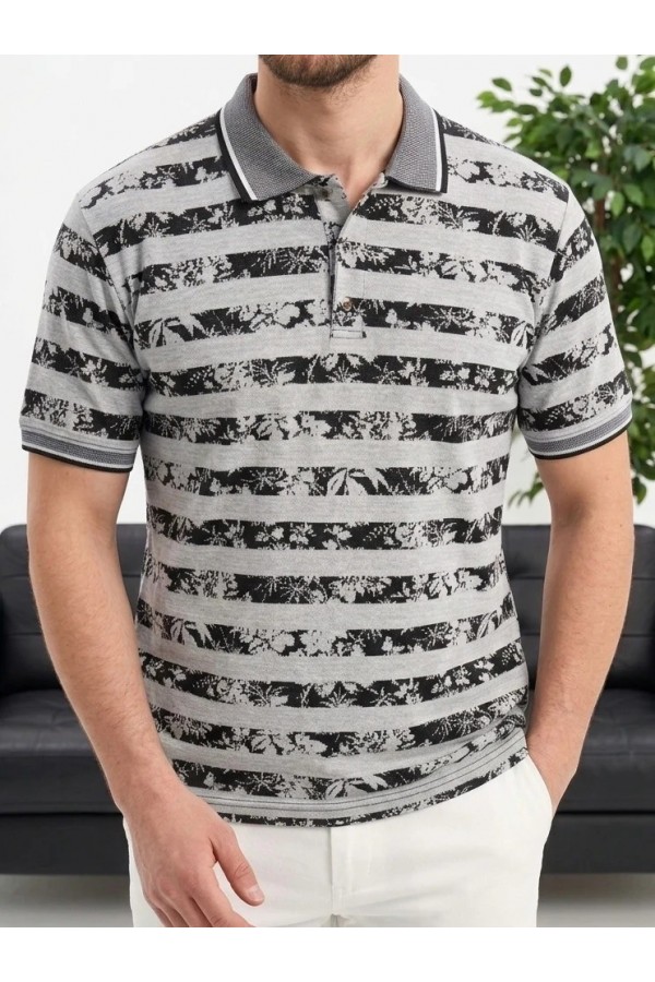 Erkek Gri Çizgili Desenli Polo Yaka Triko Tişört