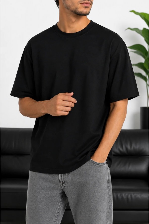 Erkek Siyah Oversize Basic Bisiklet Yaka Tişört