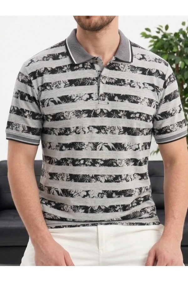 Erkek Gri Çizgili Desenli Polo Yaka Triko Tişört