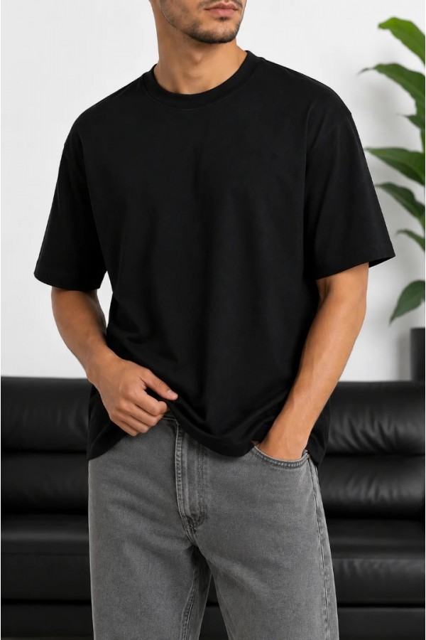 Erkek Siyah Oversize Basic Bisiklet Yaka Tişört