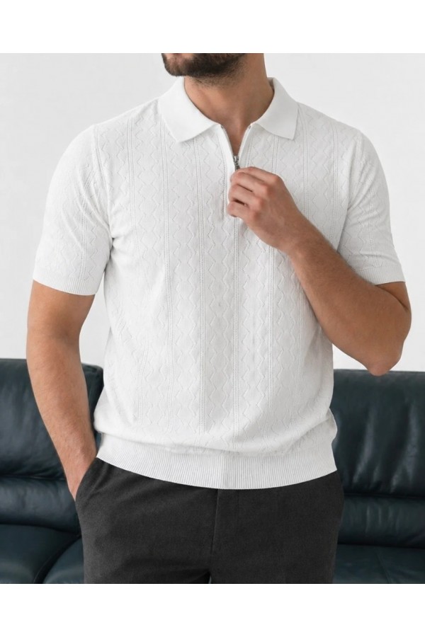 Erkek Beyaz Yarım Fermuarlı Polo Yaka Desenli Triko Tişört