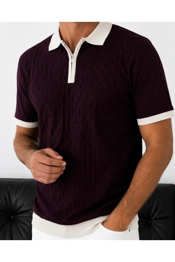 Erkek Bordo Fermuar Yaka Desenli Triko Polo Tişört