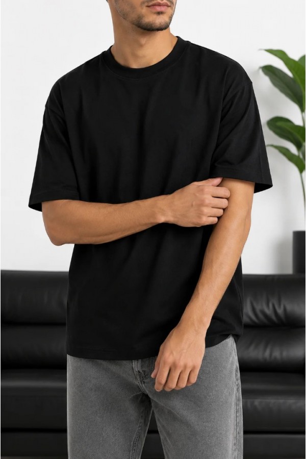 Erkek Siyah Oversize Basic Bisiklet Yaka Tişört