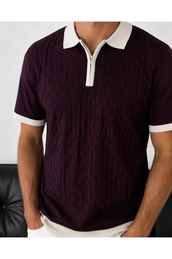 Erkek Bordo Fermuar Yaka Desenli Triko Polo Tişört