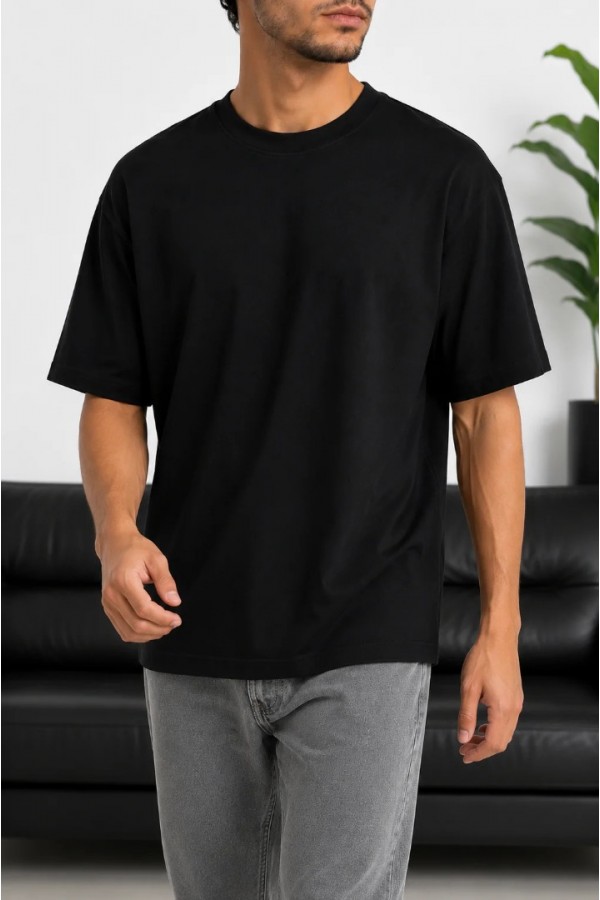 Erkek Siyah Oversize Basic Bisiklet Yaka Tişört