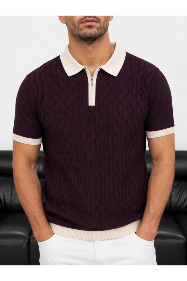 Erkek Bordo Fermuar Yaka Desenli Triko Polo Tişört