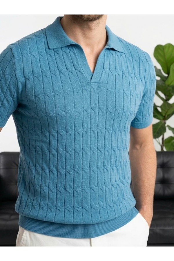 Erkek Turkuaz Dokulu Polo Yaka Triko T-shirt