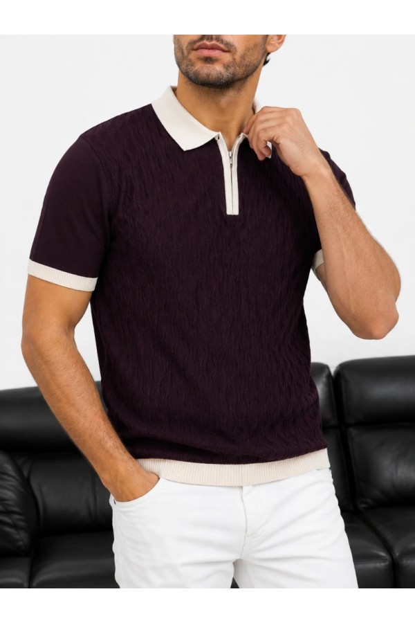 Erkek Bordo Fermuar Yaka Desenli Triko Polo Tişört