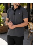 Gri Modal Kumaş Polo Kontrast Yakalı Erkek Tişört