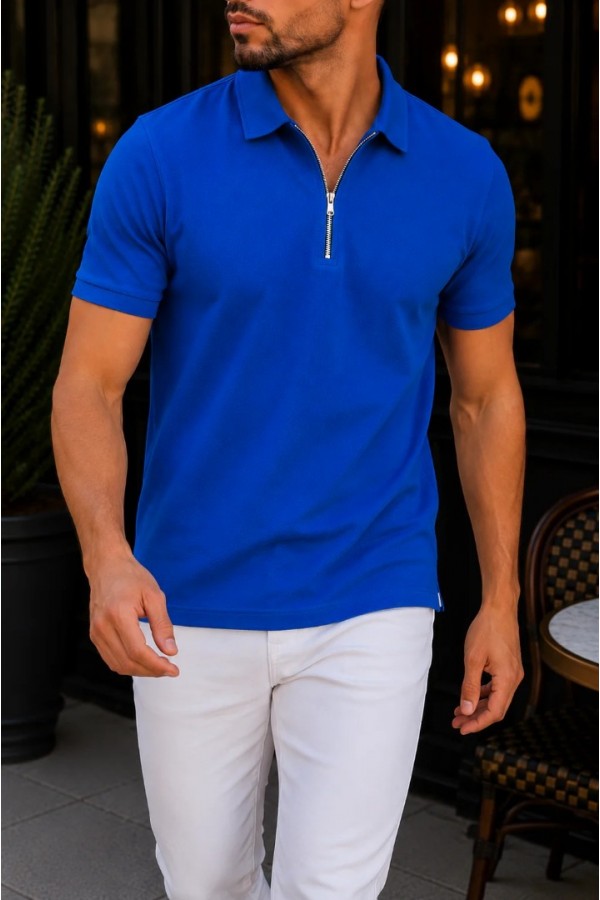 Erkek Saks Mavisi Fermuarlı Polo Yaka Tişört