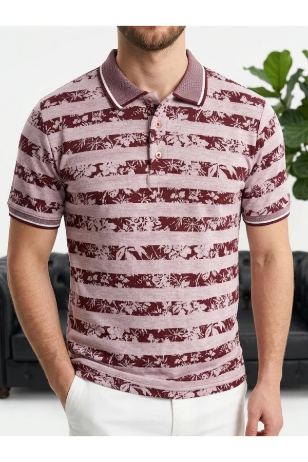 Erkek Bordo Çizgili Desenli Polo Yaka Triko Tişört