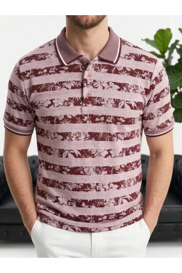 Erkek Bordo Çizgili Desenli Polo Yaka Triko Tişört