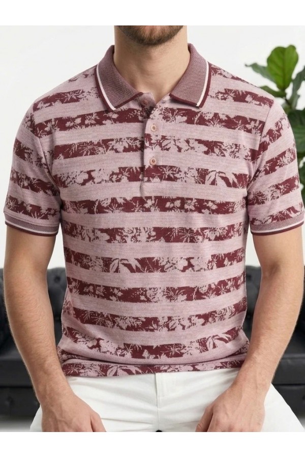 Erkek Bordo Çizgili Desenli Polo Yaka Triko Tişört